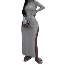 New Fall High Neck Ribbed Knitted Long Sleeve Sexy Slit Dress Club Maxi Dresses Women Long