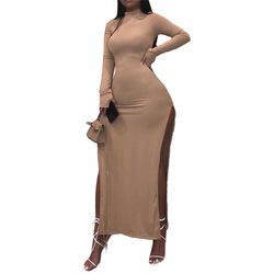 New Fall High Neck Ribbed Knitted Long Sleeve Sexy Slit Dress Club Maxi Dresses Women Long