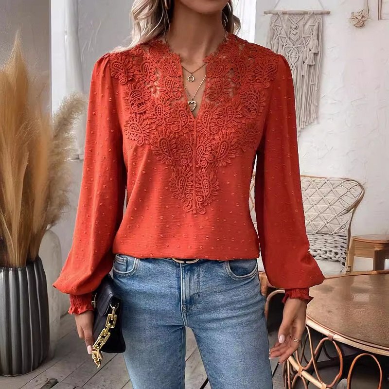 Custom Women's Solid Color T-Shirt Retro French Ribbed V-Neck Lace Lantern Sleeve Tops Long Sleeved Knitted Casual T-Shirt