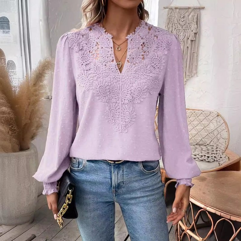 Custom Women's Solid Color T-Shirt Retro French Ribbed V-Neck Lace Lantern Sleeve Tops Long Sleeved Knitted Casual T-Shirt