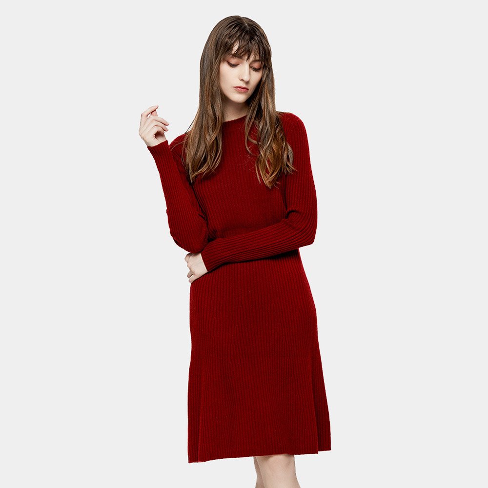 Knitwear manufacturers custom wool cashmere round neck long sleeved ribbed knitted luxury women's sweater dress