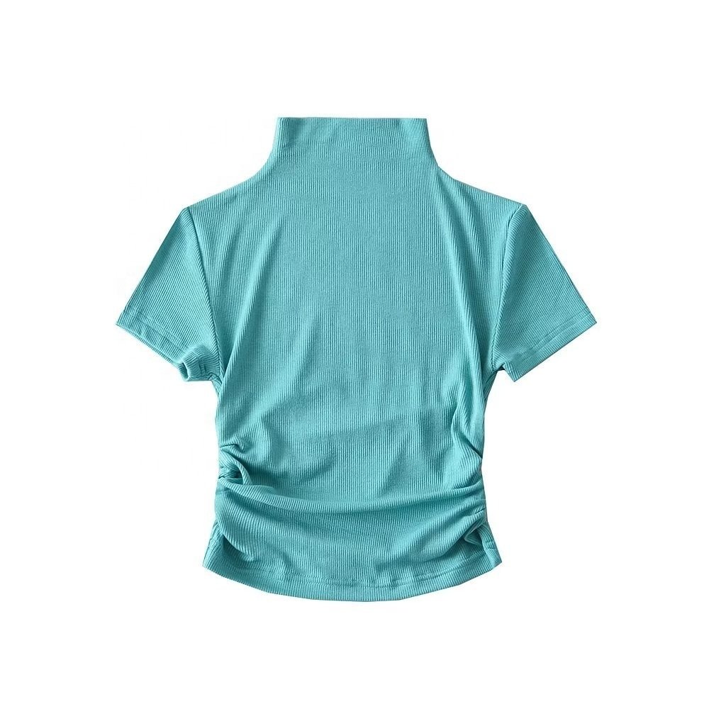Wholesale New High Neck Side Ruffles Ribbed Fabric Women's Crop Top T Shirt Section Navel Sexy Ladies T-Shirt