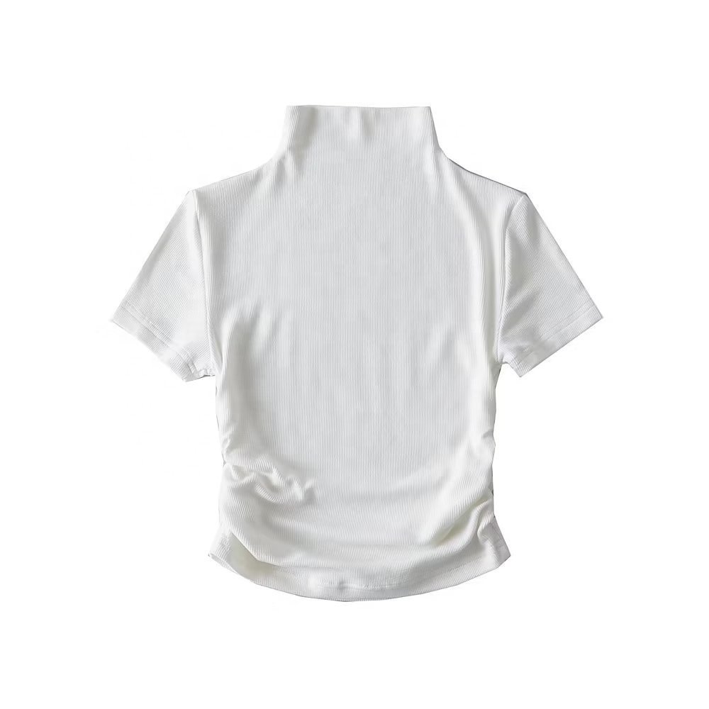Wholesale New High Neck Side Ruffles Ribbed Fabric Women's Crop Top T Shirt Section Navel Sexy Ladies T-Shirt