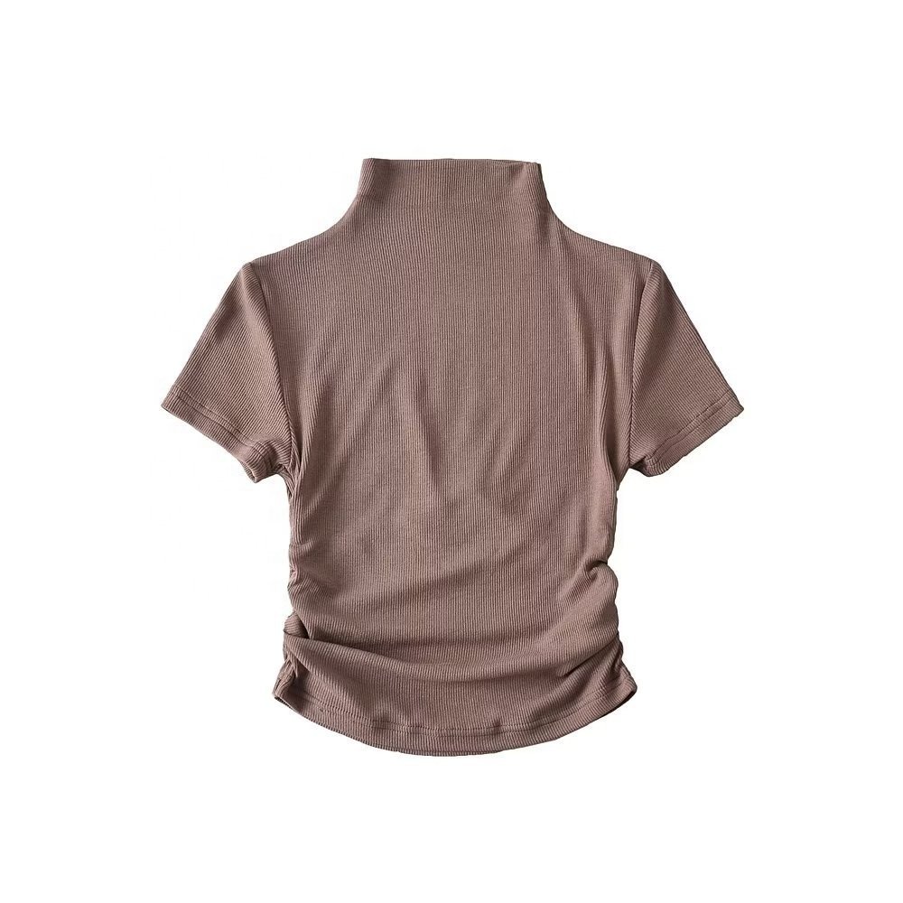 Wholesale New High Neck Side Ruffles Ribbed Fabric Women's Crop Top T Shirt Section Navel Sexy Ladies T-Shirt