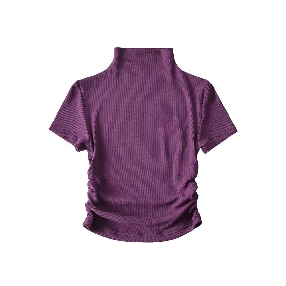 Wholesale New High Neck Side Ruffles Ribbed Fabric Women's Crop Top T Shirt Section Navel Sexy Ladies T-Shirt