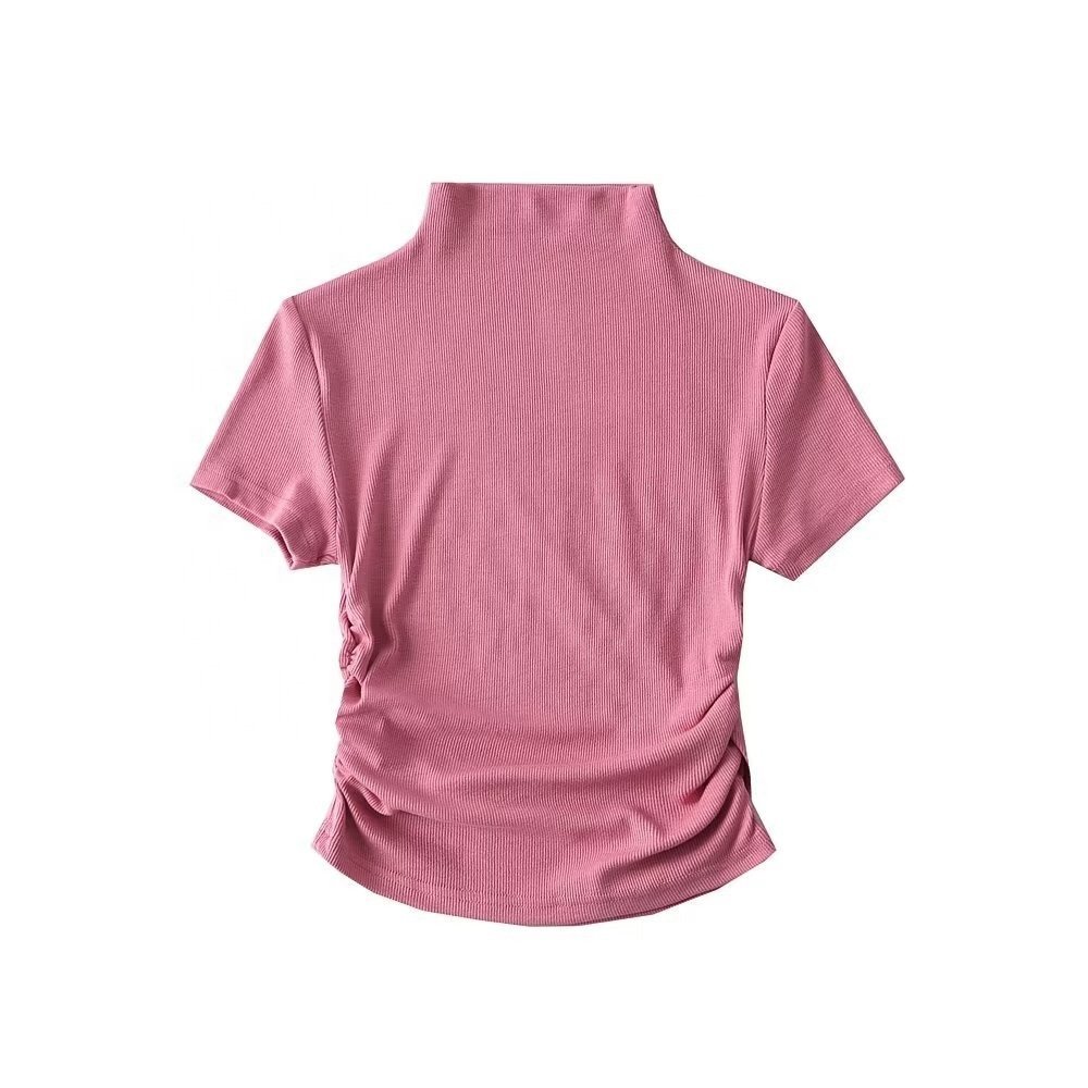 Wholesale New High Neck Side Ruffles Ribbed Fabric Women's Crop Top T Shirt Section Navel Sexy Ladies T-Shirt