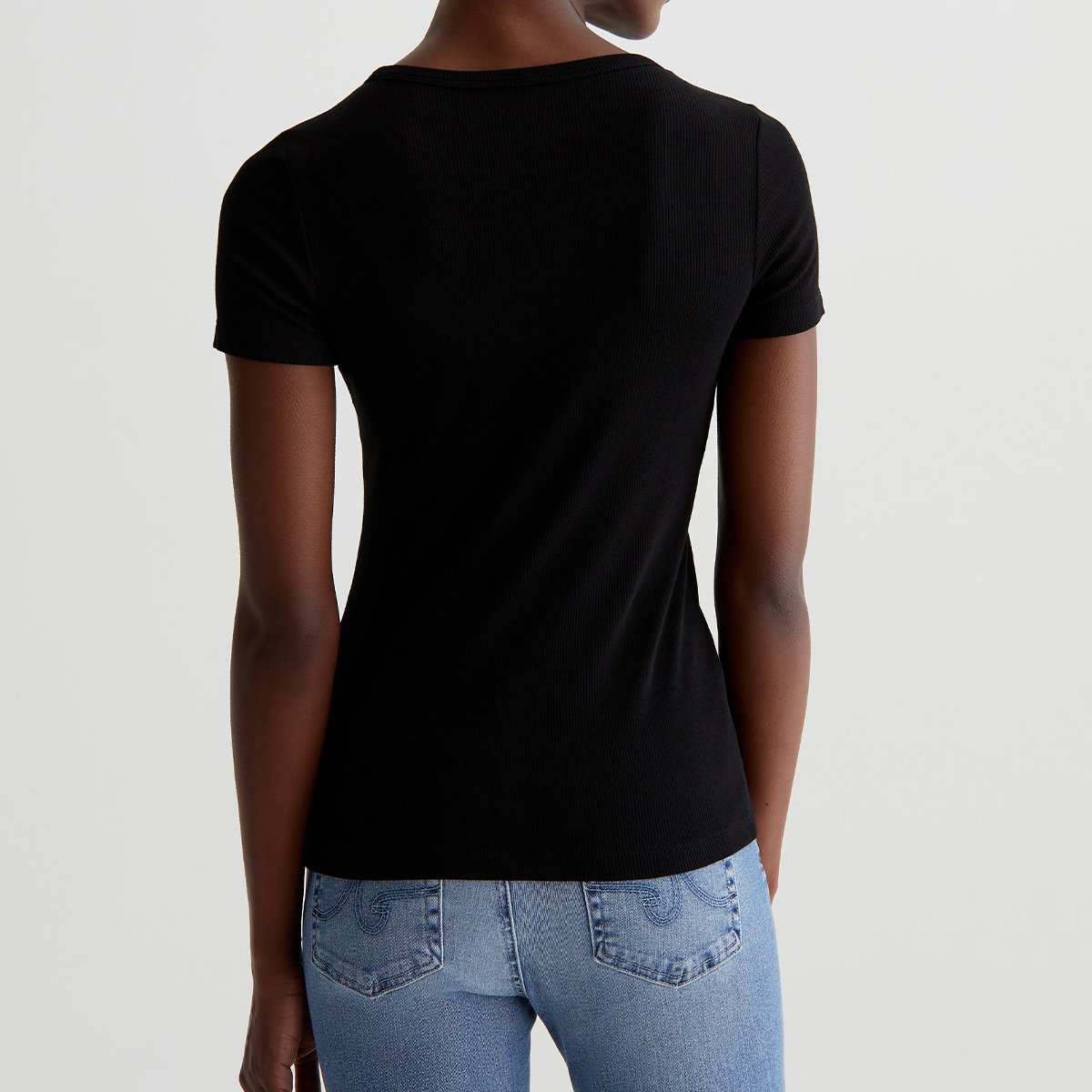 OEM/ODM Custom Deep Black Women's Slim Fit Rib Knit Top Tee - Scoop Neck, Stretch-Blend Fabric, Thick Binding