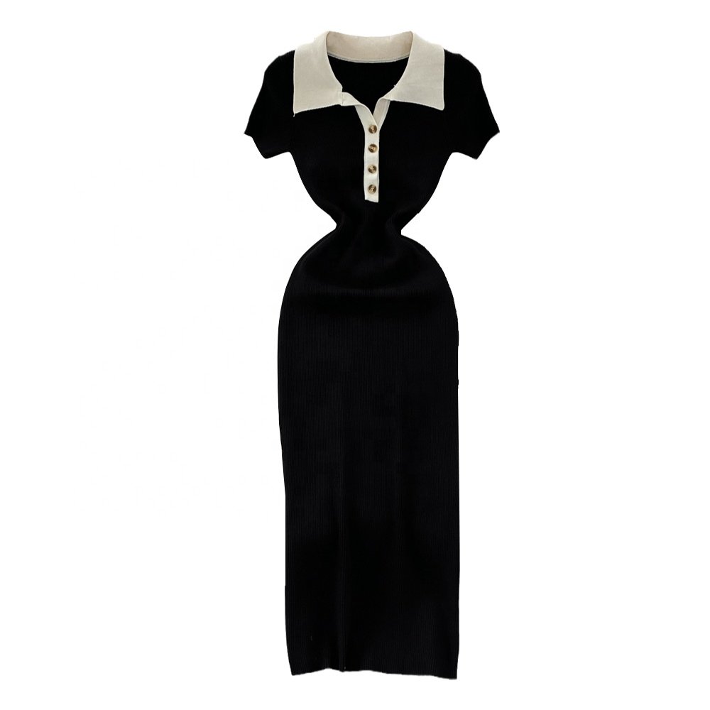 Newest Short Sleeve Polo Collar Solid Sheath Dress Summer Knitting High Waist Midi Dress Ladies Elegant Dresses Clothes Women
