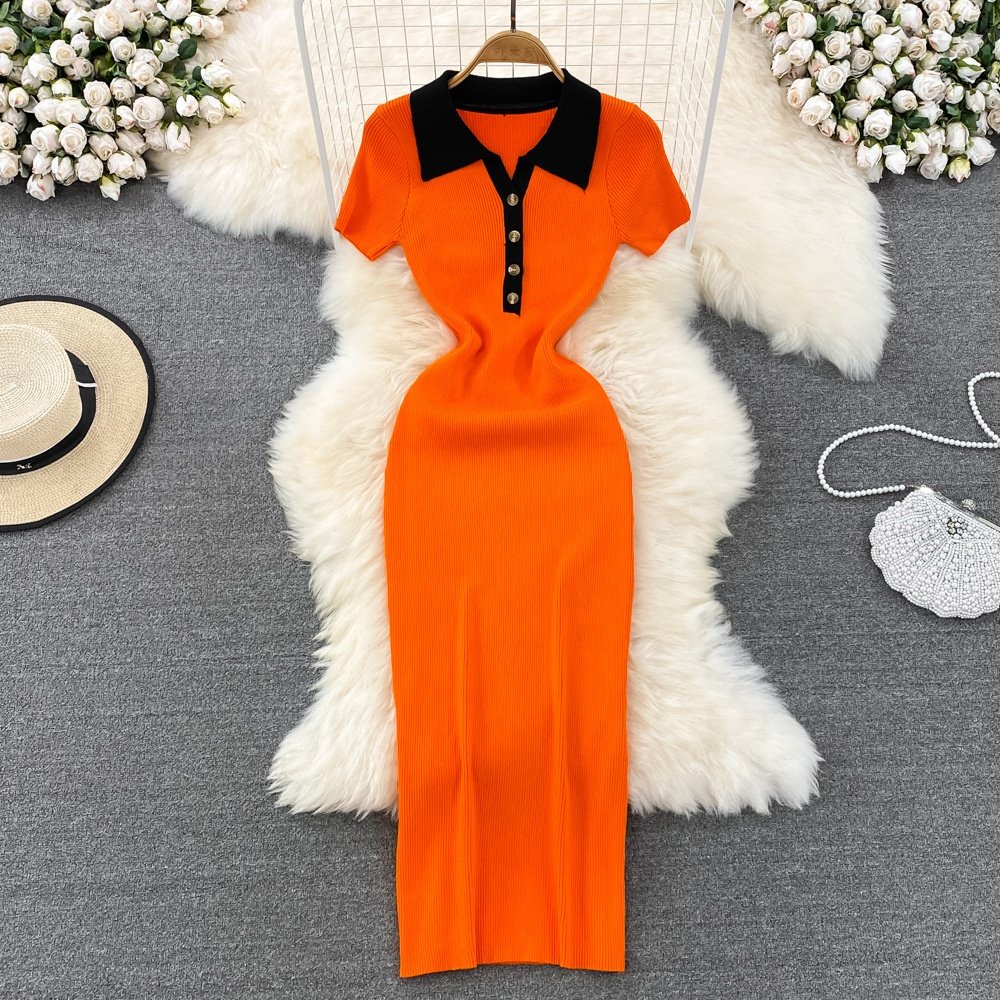 Newest Short Sleeve Polo Collar Solid Sheath Dress Summer Knitting High Waist Midi Dress Ladies Elegant Dresses Clothes Women