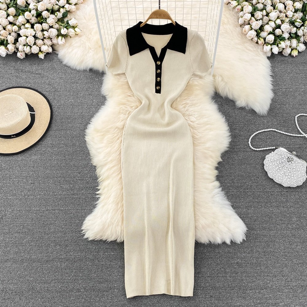 Newest Short Sleeve Polo Collar Solid Sheath Dress Summer Knitting High Waist Midi Dress Ladies Elegant Dresses Clothes Women