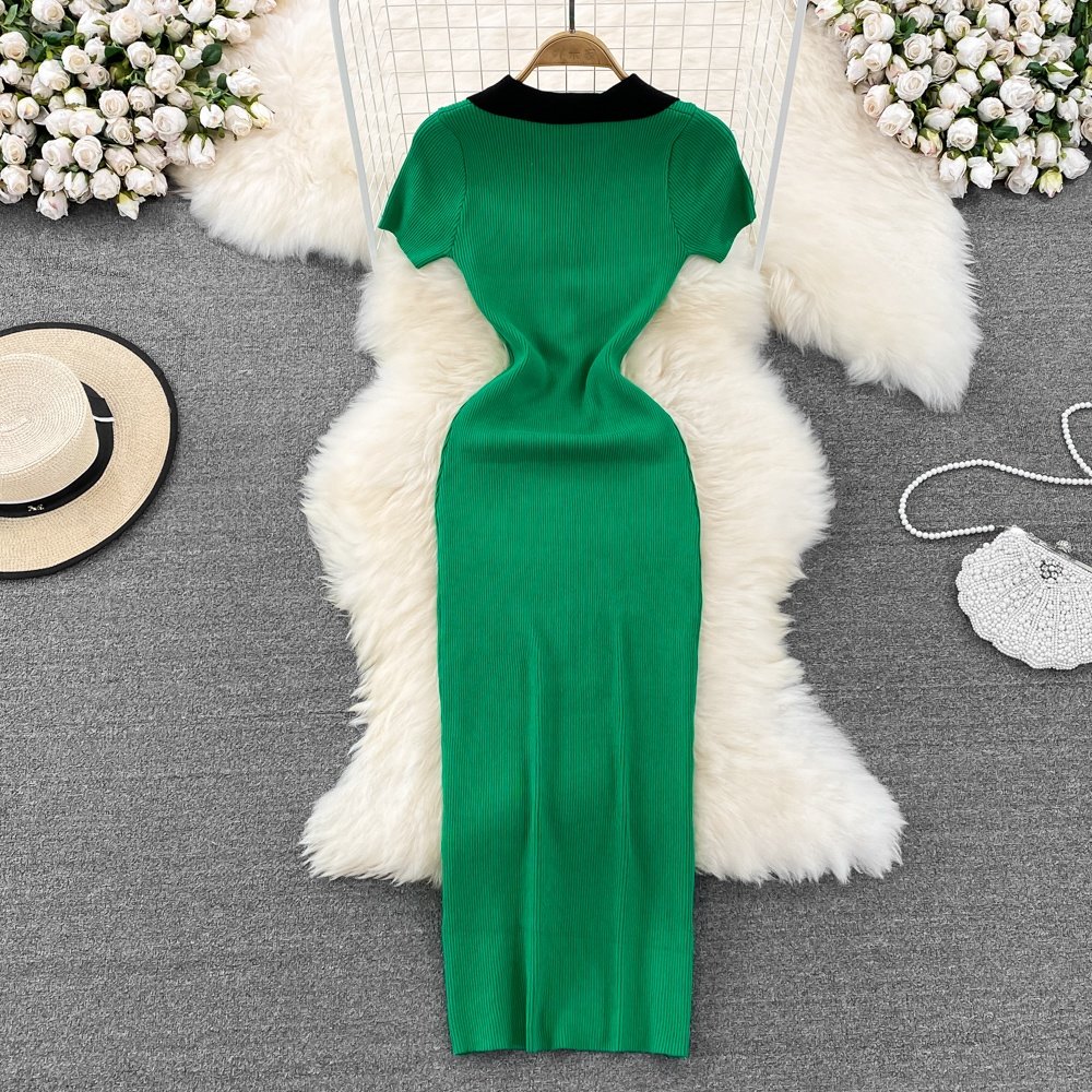 Newest Short Sleeve Polo Collar Solid Sheath Dress Summer Knitting High Waist Midi Dress Ladies Elegant Dresses Clothes Women