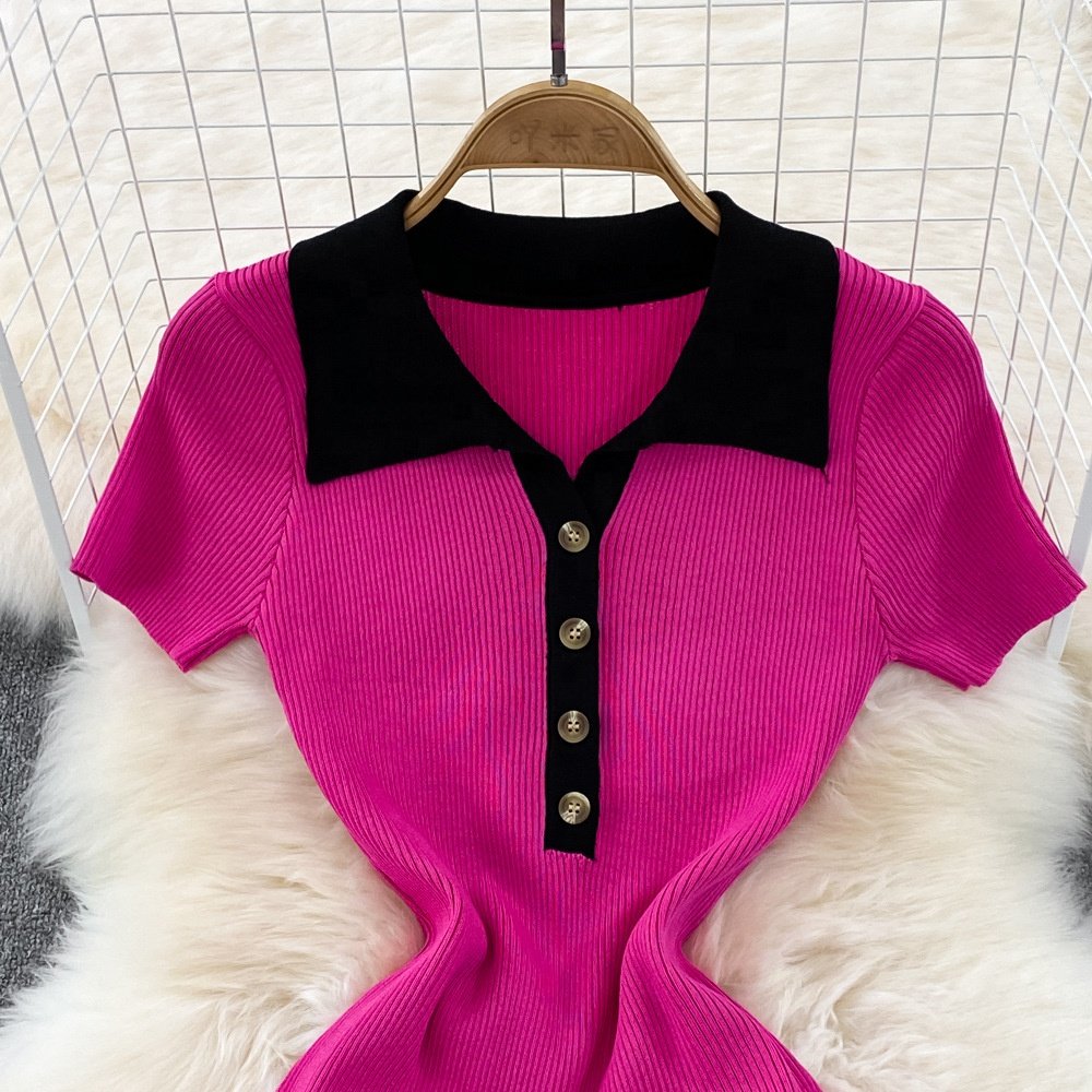 Newest Short Sleeve Polo Collar Solid Sheath Dress Summer Knitting High Waist Midi Dress Ladies Elegant Dresses Clothes Women