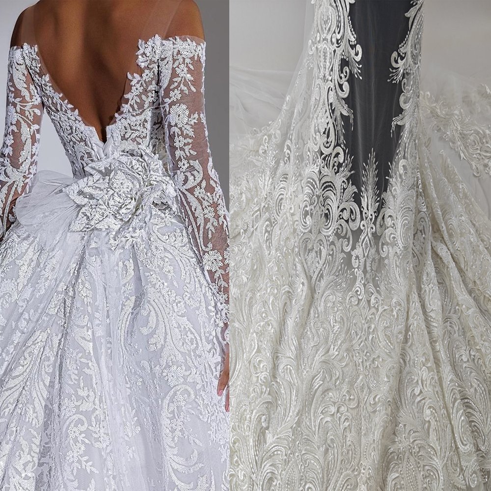 High End Embroidered Floral Beaded Lace 3D Lace With Sequence Ivory White African Bridal Fabric Lace