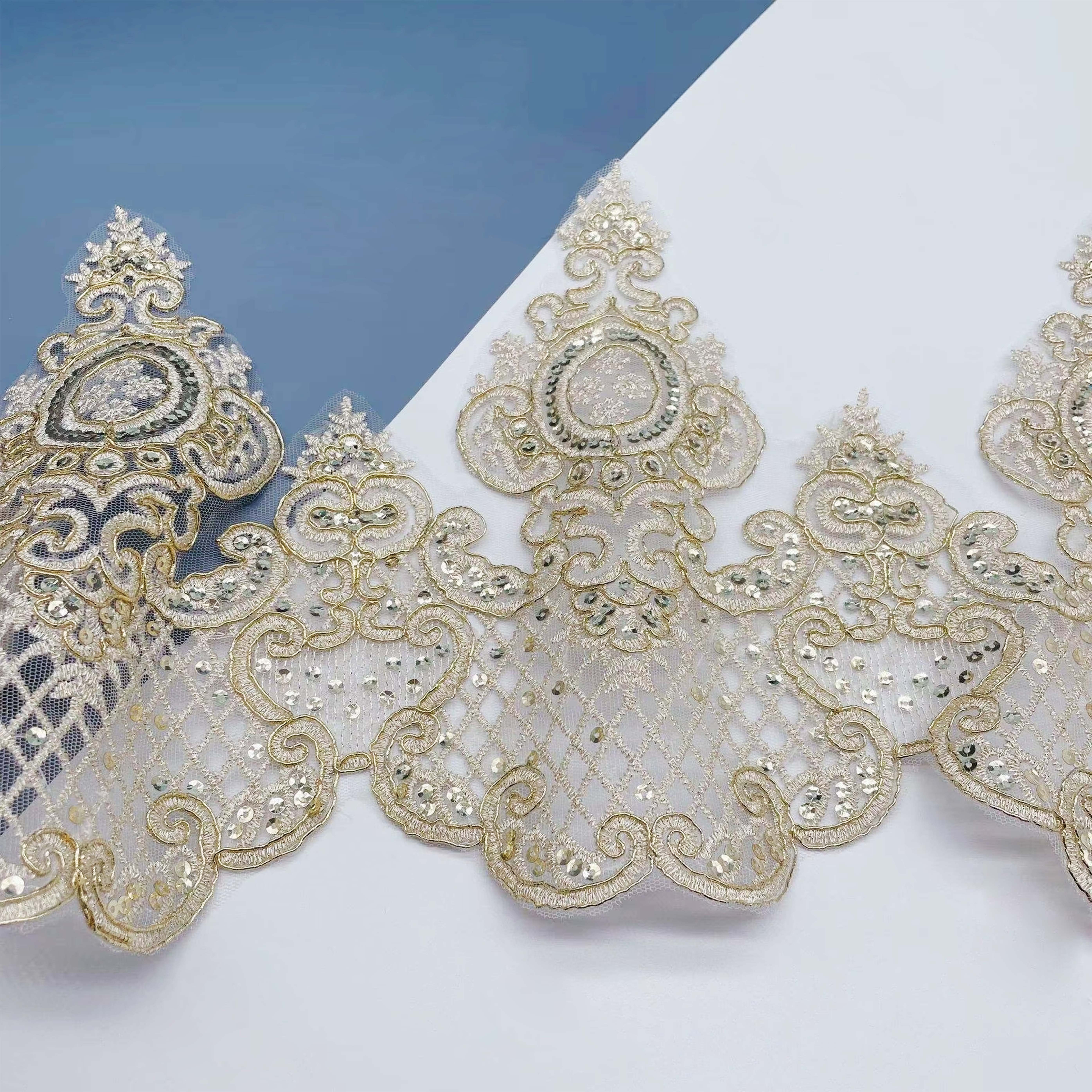24CM Multi-colors Sequins Embroidery French Mesh Tulle Lace Elegant Wedding Dress Car Bone lace Trim For Women's Clothes
