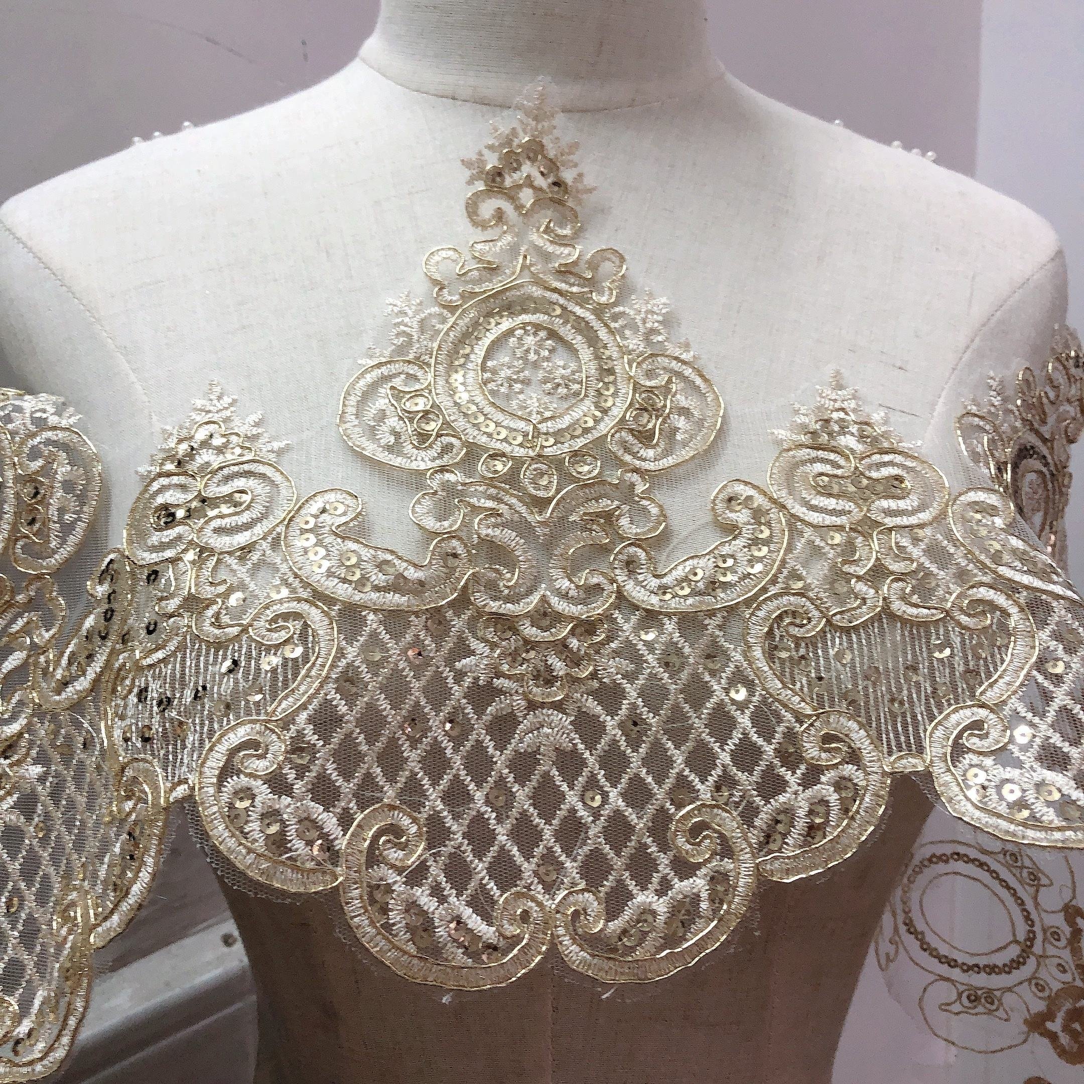 24CM Multi-colors Sequins Embroidery French Mesh Tulle Lace Elegant Wedding Dress Car Bone lace Trim For Women's Clothes