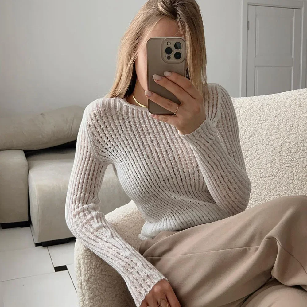 Women Sexy See Through Long Sleeve T-Shirts Mesh Sheer Skinny Rib Scalloped Trim Tees Blouse Top Outfits