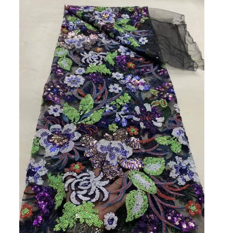2024 Multi-color fashion Luxury FLowers Beaded Lace Fabric Embroidery Sequins Lace Fabric For Wedding Party Celebration Dress
