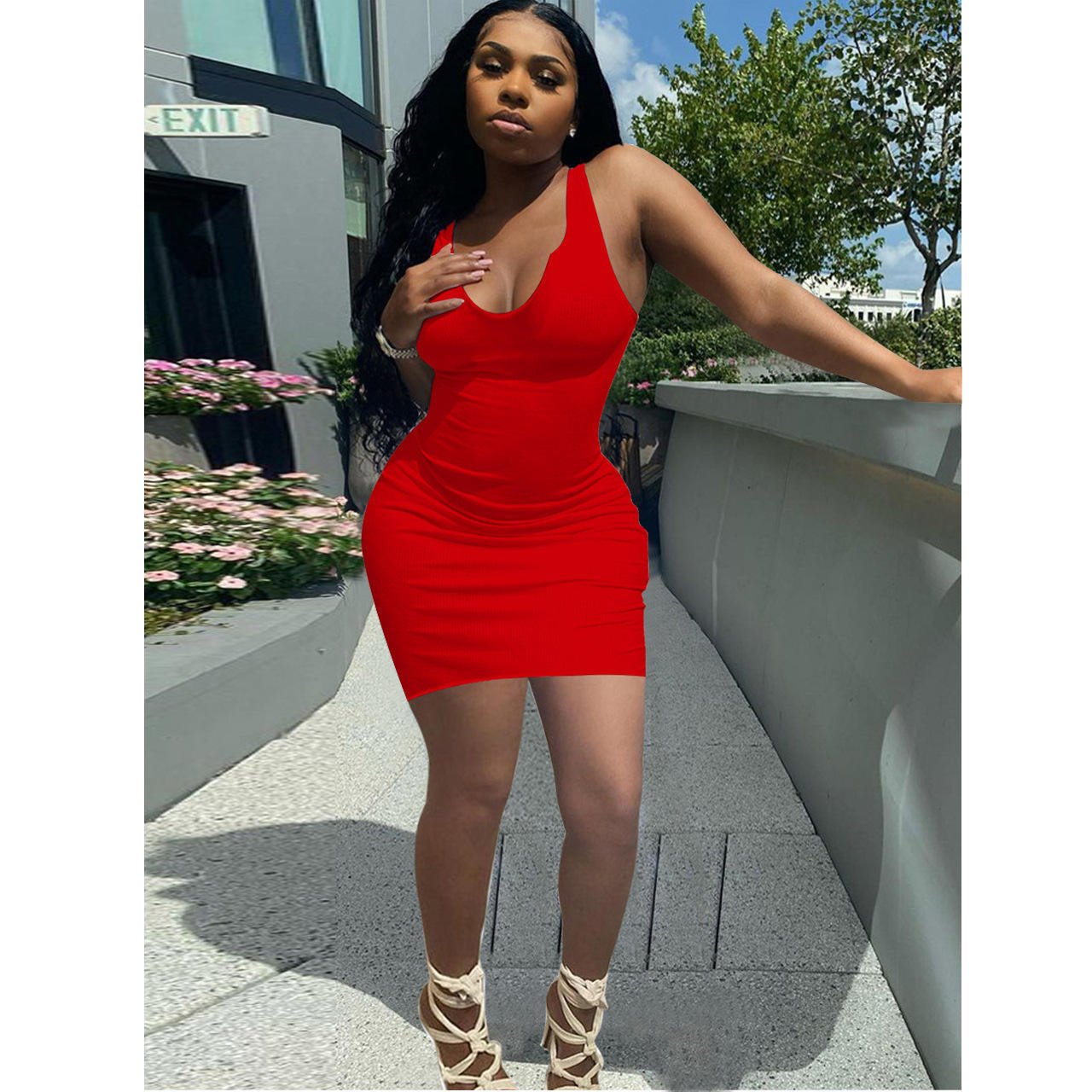 Round Neck Sleeveless Mini Bodycon Dresses Elegant Women Summer Sexy Party Dress Casual Ribbed Dress