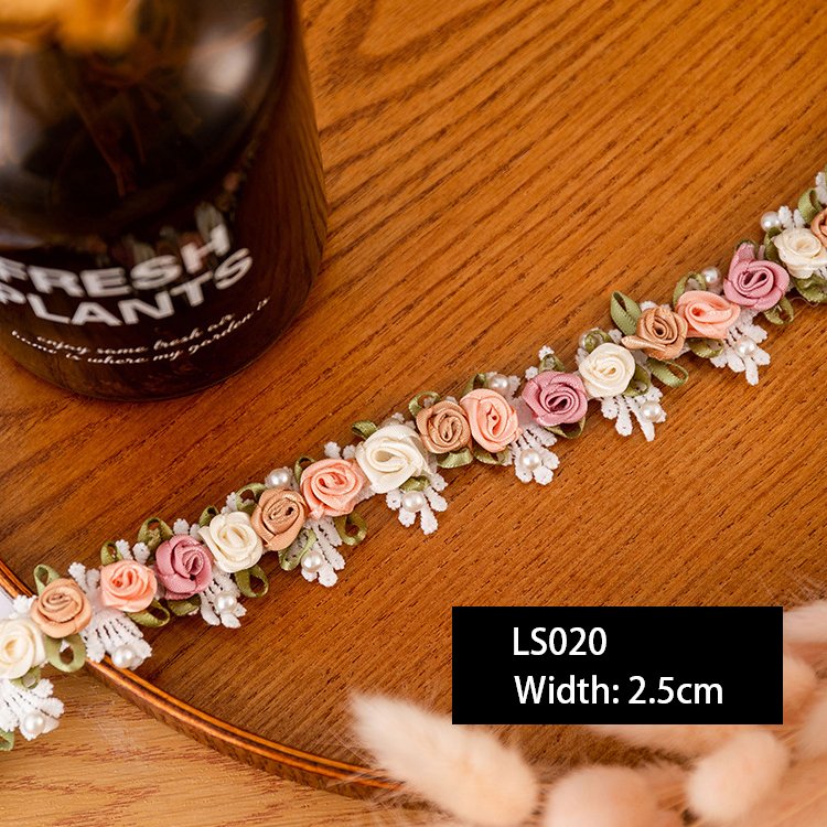 2.5cm Wedding Dress Sewing Floral Embroidered Trim Lace Multicolor Beaded 3D Rose Flower Embroidered Lace Trim Ribbon