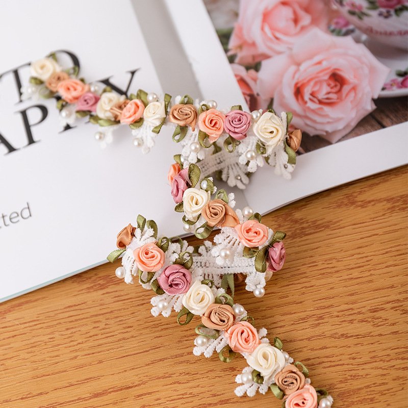2.5cm Wedding Dress Sewing Floral Embroidered Trim Lace Multicolor Beaded 3D Rose Flower Embroidered Lace Trim Ribbon