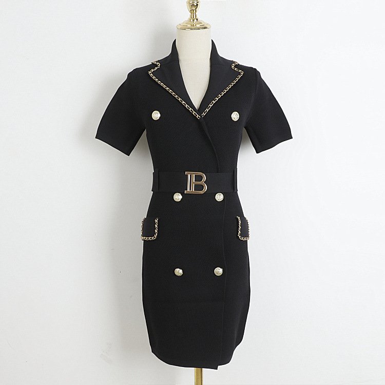 2024 new arrivals gold chain collar design short sleeve women ribbed office dress casual knit dress