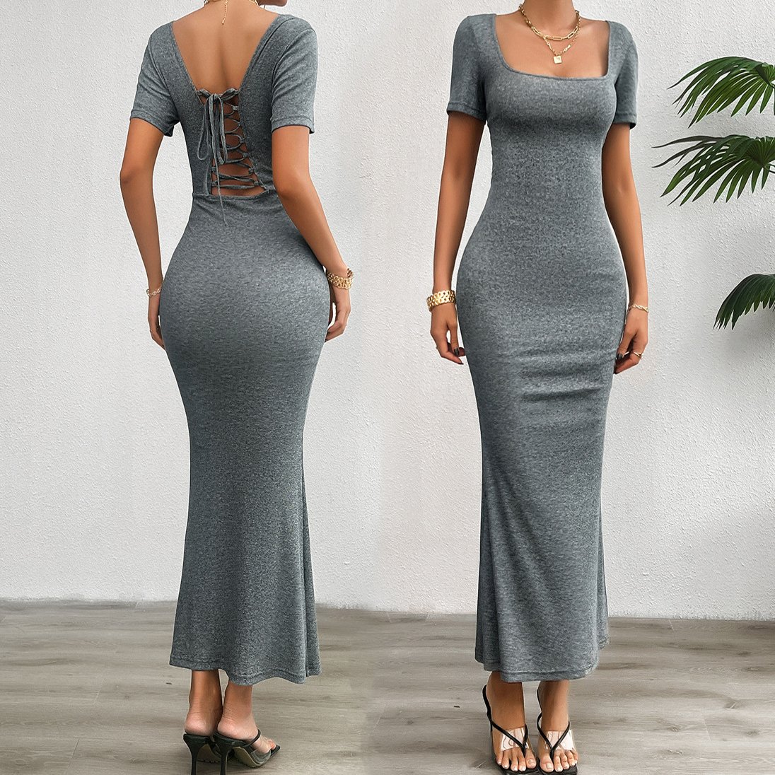 MD2343179 Summer cotton casual dresses short sleeve square neck lace backless ribbed Mermaid long maxi bodycon dress 2024