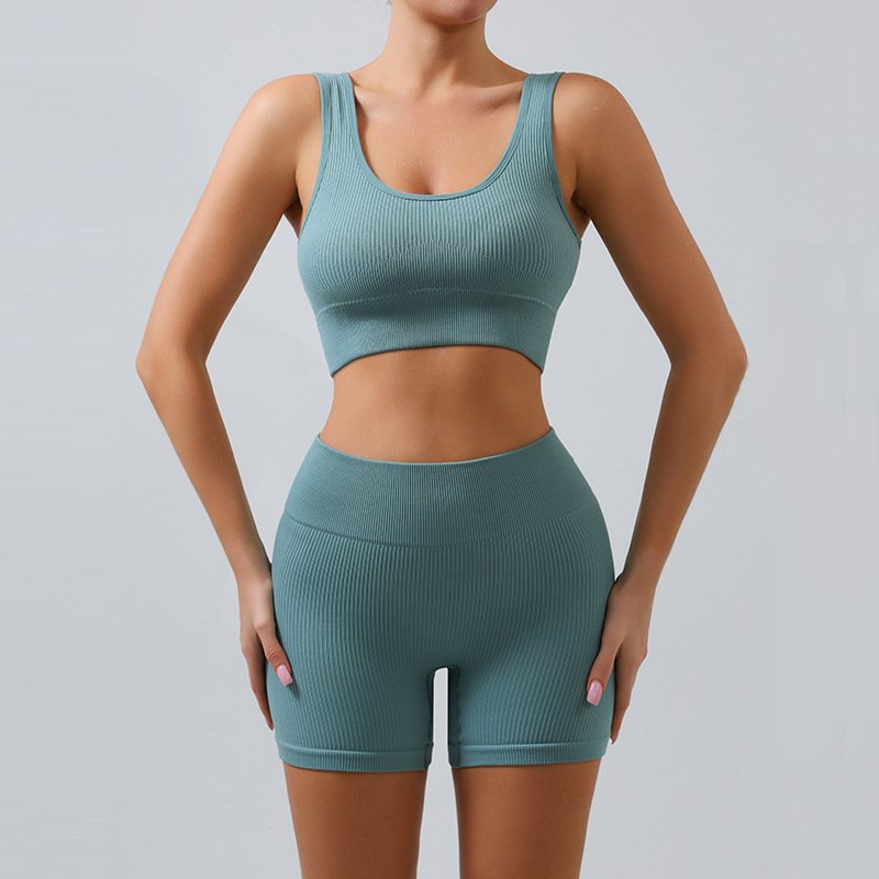 European And American Ribbed Ladies Yoga Suit U-Shaped Seamless Knitted Sports Women Fitness Yoga Sets