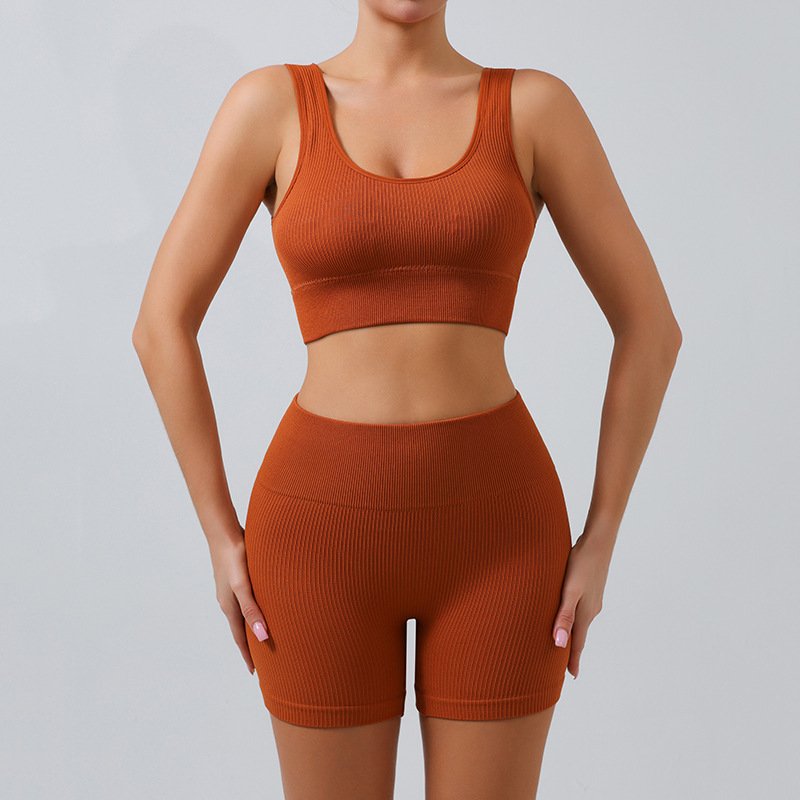 European And American Ribbed Ladies Yoga Suit U-Shaped Seamless Knitted Sports Women Fitness Yoga Sets