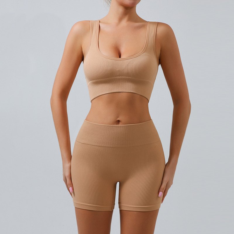 European And American Ribbed Ladies Yoga Suit U-Shaped Seamless Knitted Sports Women Fitness Yoga Sets