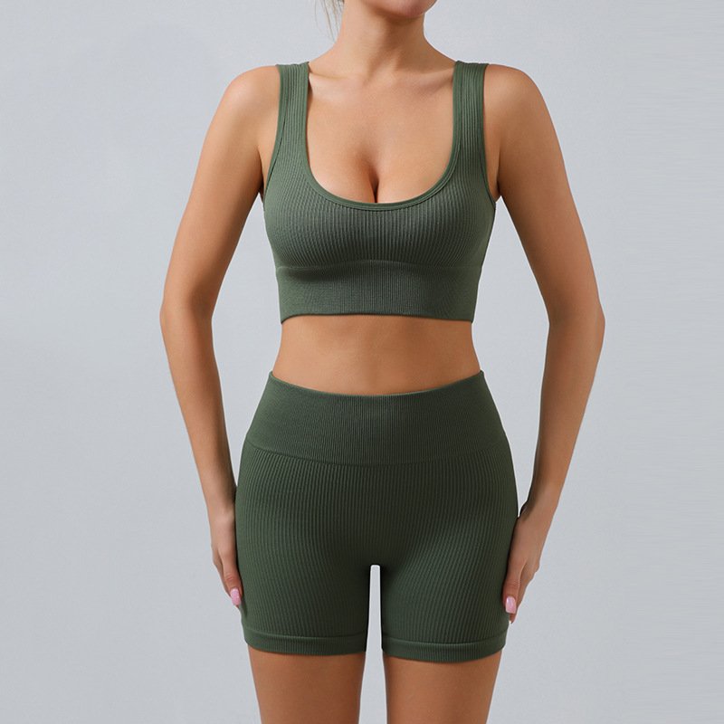European And American Ribbed Ladies Yoga Suit U-Shaped Seamless Knitted Sports Women Fitness Yoga Sets