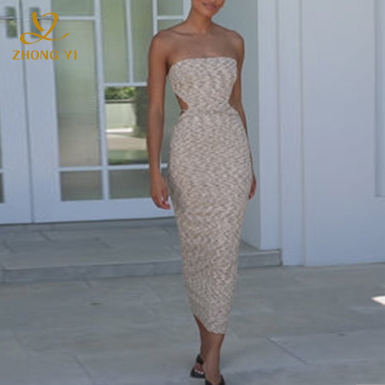 Women Summer Sexy knitted Stretchy Ribbed Fabric Sleeveless Design Waist Cutouts Tie Details Beach Vacation Midi Casual Dresses
