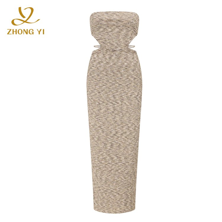 Women Summer Sexy knitted Stretchy Ribbed Fabric Sleeveless Design Waist Cutouts Tie Details Beach Vacation Midi Casual Dresses