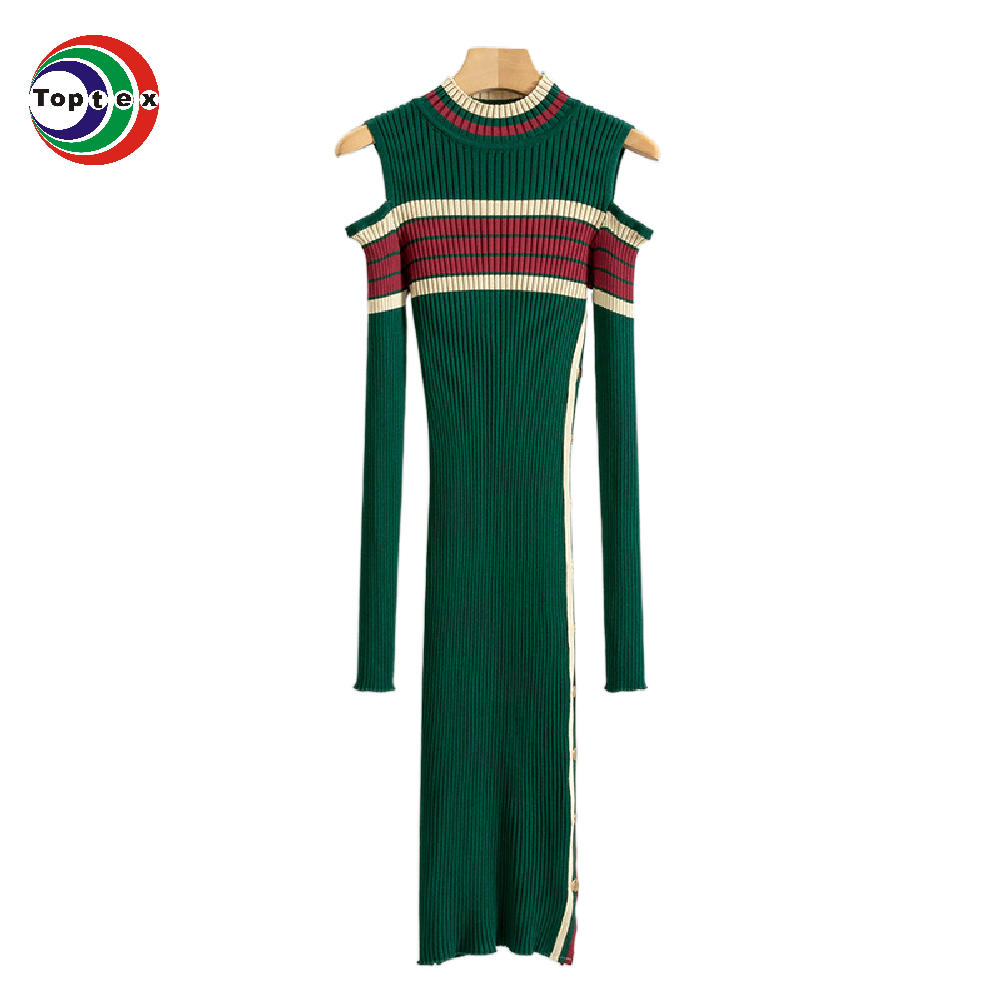 Atoptex Long Sleeve Ribbed Sweater Dress Women Clothing O-Neck Slit Hip Midi Dress For Women