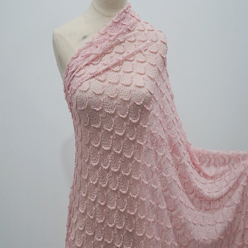 New style elastane lace lovely fringe pink color lace fabric for kids and lady garment