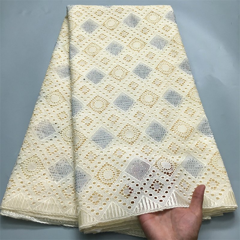 3931 Cotton Dry Lace African Voile Fabrics with Stone Swiss Sustainable Plain Dyed Embroidered Rhinestones Lace 5 Yds