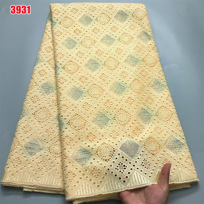3931 Cotton Dry Lace African Voile Fabrics with Stone Swiss Sustainable Plain Dyed Embroidered Rhinestones Lace 5 Yds
