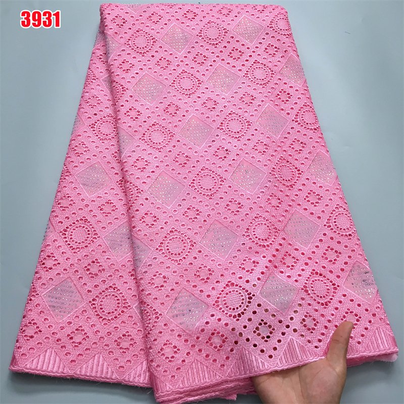 3931 Cotton Dry Lace African Voile Fabrics with Stone Swiss Sustainable Plain Dyed Embroidered Rhinestones Lace 5 Yds