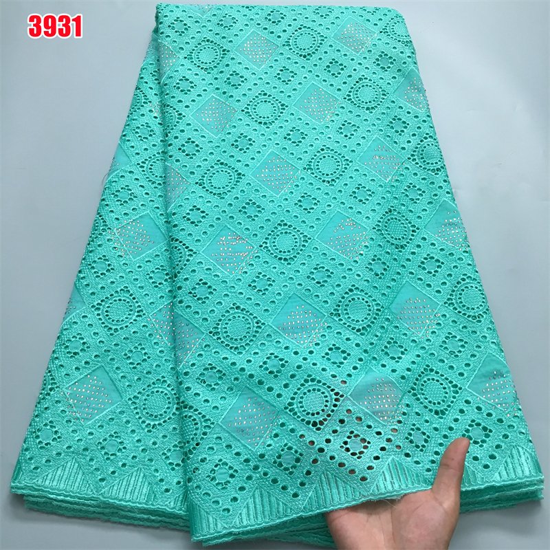 3931 Cotton Dry Lace African Voile Fabrics with Stone Swiss Sustainable Plain Dyed Embroidered Rhinestones Lace 5 Yds