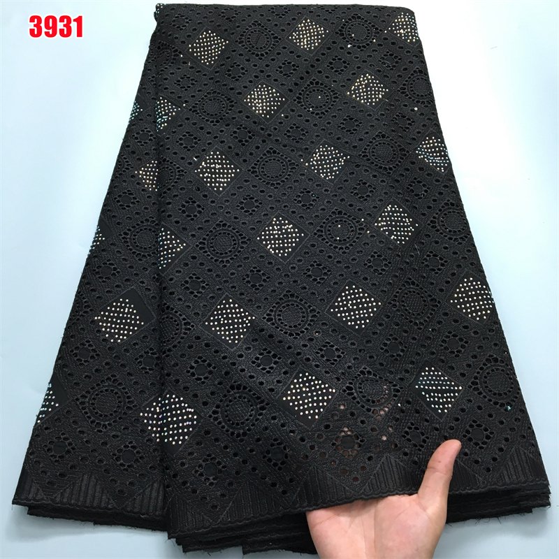 3931 Cotton Dry Lace African Voile Fabrics with Stone Swiss Sustainable Plain Dyed Embroidered Rhinestones Lace 5 Yds