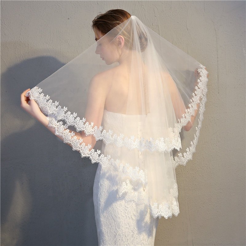 Cheerfeel VE387 White Wedding Veil,2 Tier lace Edge Center Cascade Bridal Veil with Comb for Bachelorette