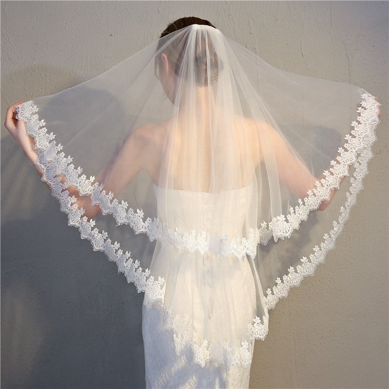 Cheerfeel VE387 White Wedding Veil,2 Tier lace Edge Center Cascade Bridal Veil with Comb for Bachelorette