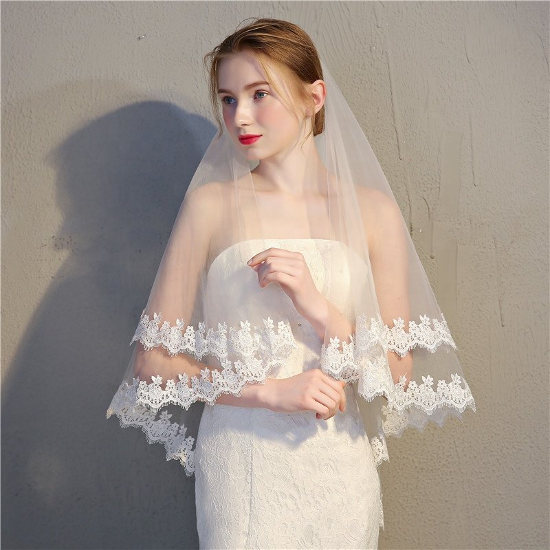 Cheerfeel VE387 White Wedding Veil,2 Tier lace Edge Center Cascade Bridal Veil with Comb for Bachelorette