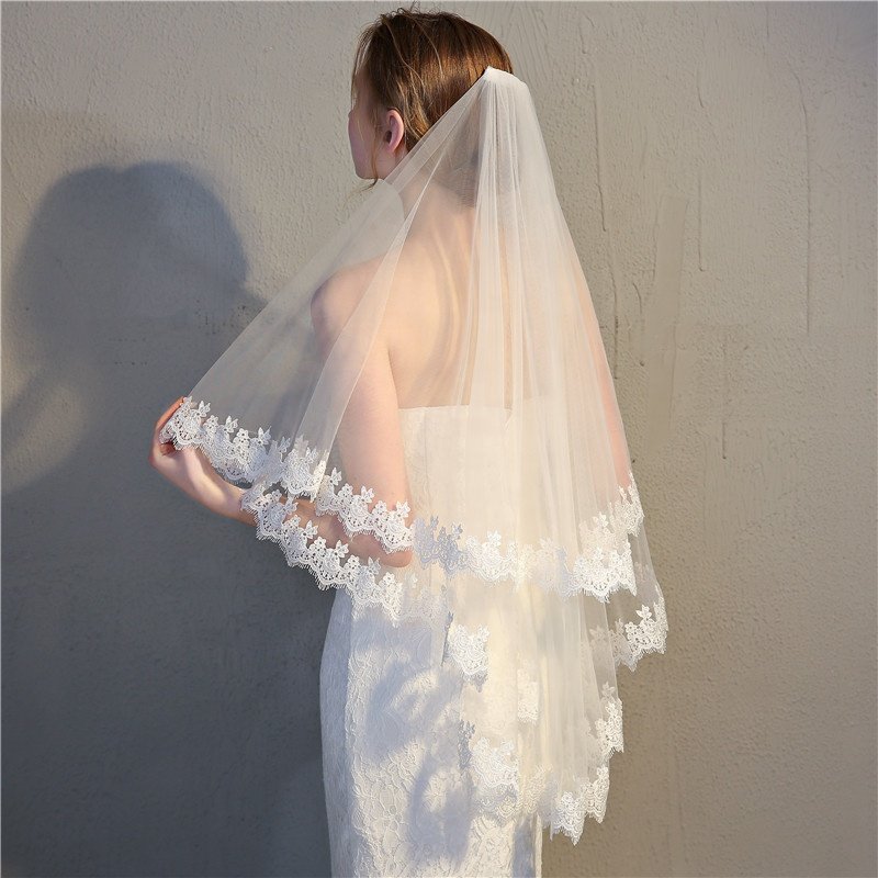 Cheerfeel VE387 White Wedding Veil,2 Tier lace Edge Center Cascade Bridal Veil with Comb for Bachelorette