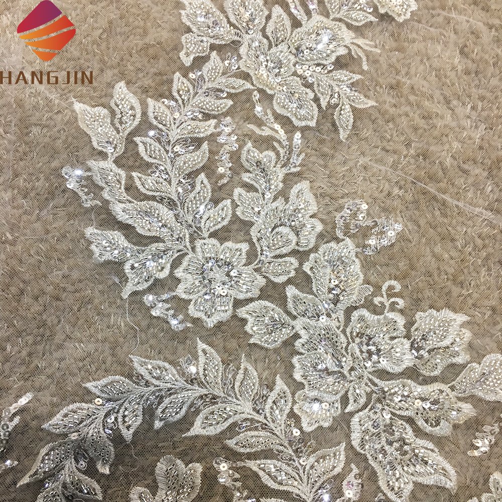 Heavy Silver Beaded Embroidered Lace Fabric By The Yard Ivory White French Net Lace Fabric With Sequins