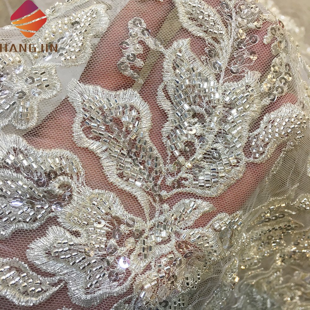 Heavy Silver Beaded Embroidered Lace Fabric By The Yard Ivory White French Net Lace Fabric With Sequins
