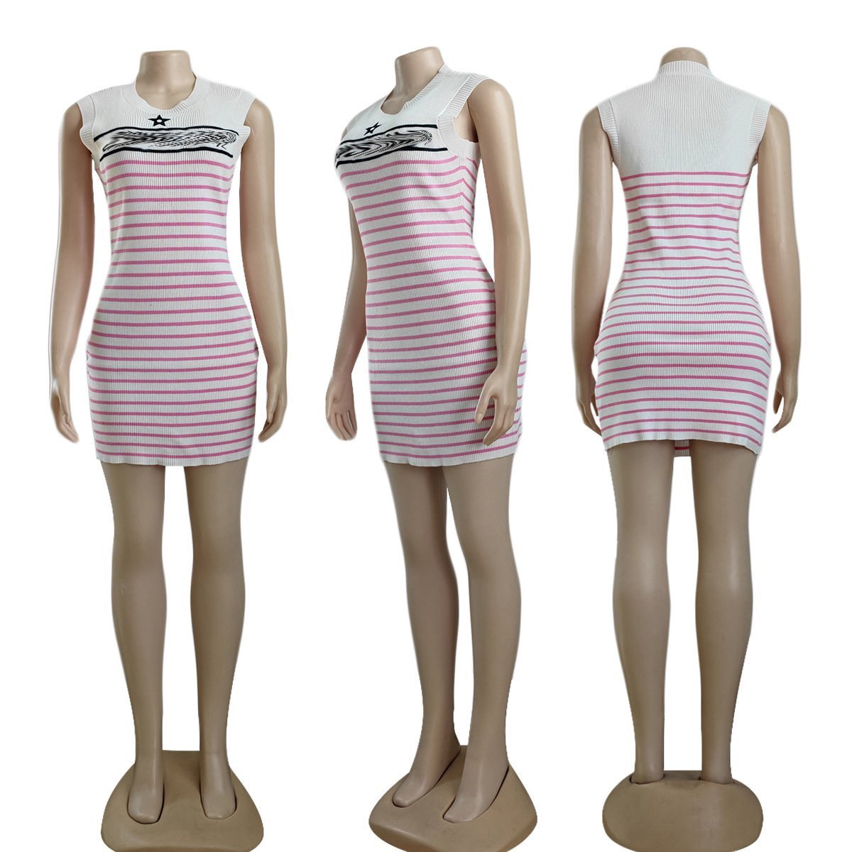 M4026 New Summer Bodycon Mini Dress Designer Luxury Stripe Ribbed Knitted Dress Sexy Sleeveless Elegant Casual Short Dress