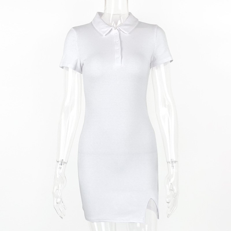 New Arrival Ladies outfit Mini Dress Turn-Down Collar Button Sexy&Club Sheath Short Sleeve Dress Skintight Hip Wrapping Skirt