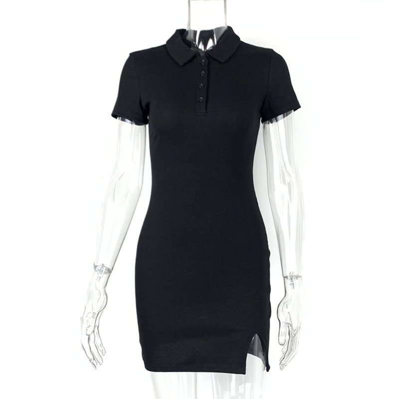 New Arrival Ladies outfit Mini Dress Turn-Down Collar Button Sexy&Club Sheath Short Sleeve Dress Skintight Hip Wrapping Skirt