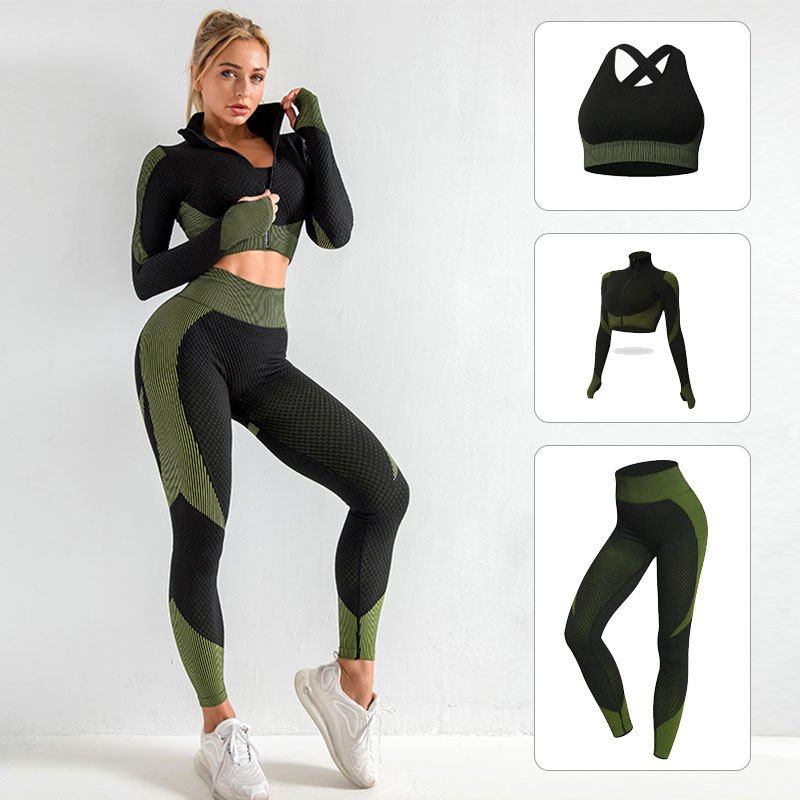 Women Nylon Spandex Fabric High Elasticity Sports Bra Long Sleeve Top And Legging Suit Ribbed Knitted 3 Piece Yoga Set For Women