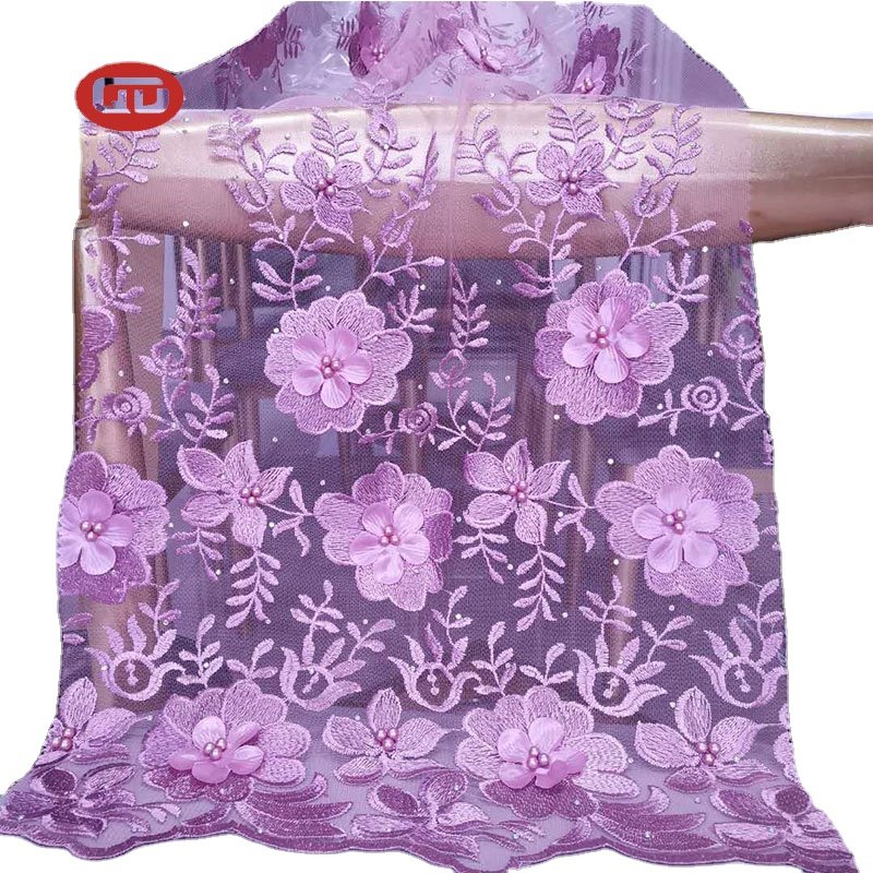Fancy violet Tulle Lace Embroidery Fabric with lulu for Women wedding dress